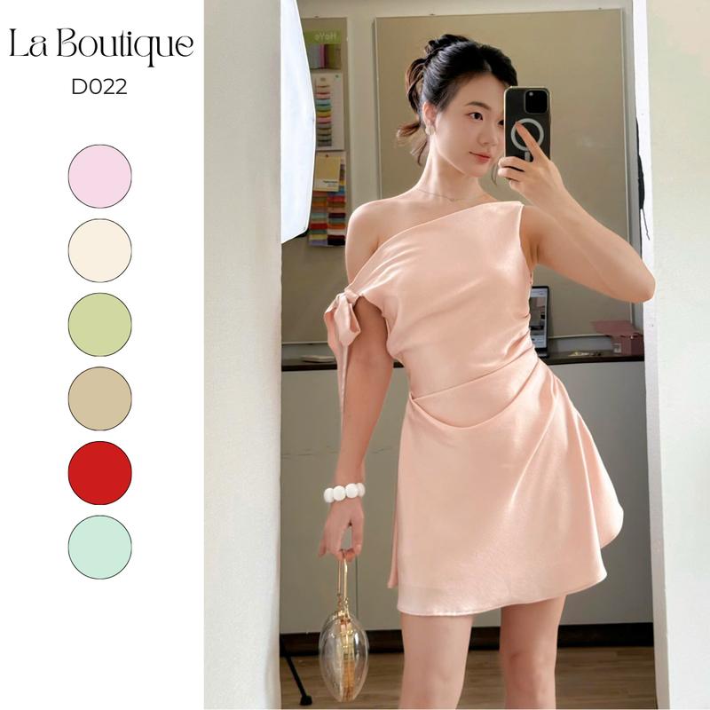 LA BOUTIQUE - Đầm Lụa Trễ Vai Cột Nơ Nhún Eo Chất Lụa Xược-D022