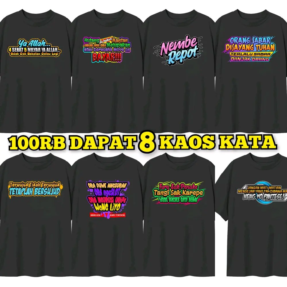 Kaos Paket isi 8 pcs Kaos Kata-kata Sablon Dtf Baju Atasan Dewasa Cewek Cowok