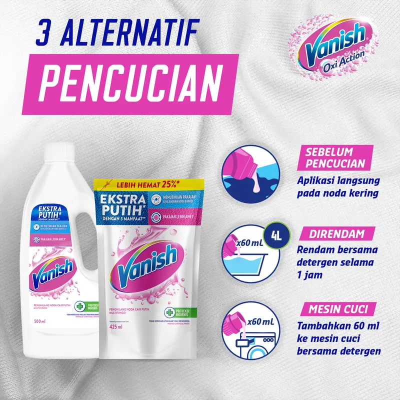 Vanish White Cair Pouch 425ml - Penghilang Noda Baju Membandel - Vanish White Penghilang Noda Pakaian Putih [AMPUH HILANGKAN NODA] 4