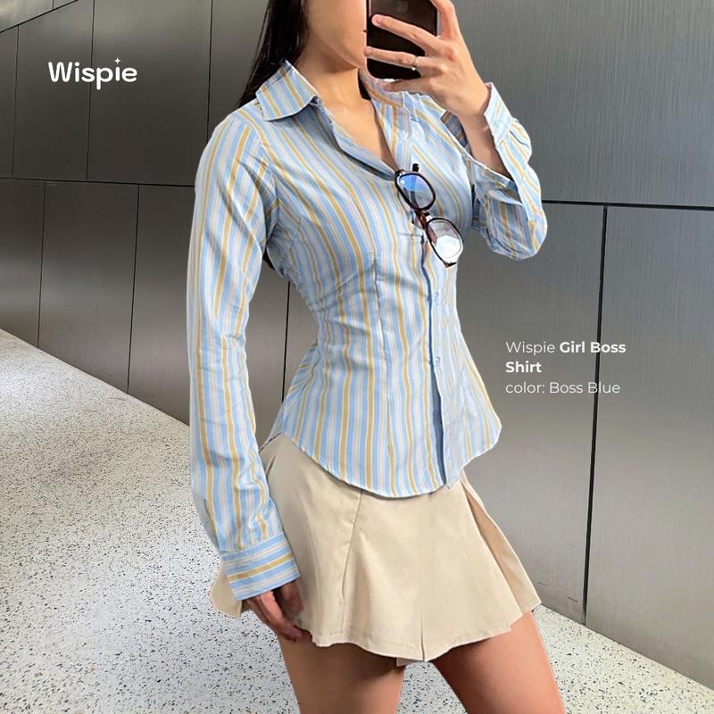 Wispie Girl Boss Fitted Shirt | Kemeja kerja wanita fit garis stripe karet Lembut pink hijau biru 2