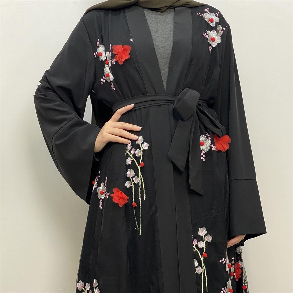 1845# Elegant 3D Flower Turkish Kaftan Modest Black Abaya Dress - CHAOMENG MUSLIM SHOP