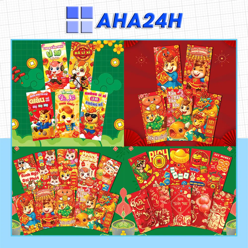 COMBO 50 - 100 Bao lì xì tết truyền thống xuân Bính Ngọ 2026 đóng túi zip sạch đẹp, nhiều mẫu, giá sỉ