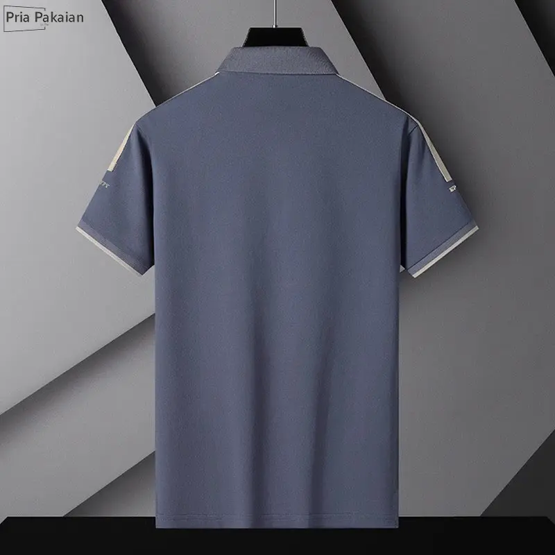Kaos tambal sulam pria, kemeja kerah tegak pria, 100% asli, kaos polo bergaya, kaos longgar, atasan kasual pria 6