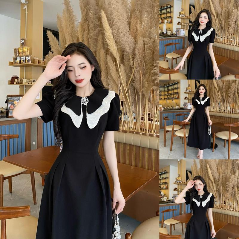 Bk38 - Váy Thiết Kế Evii dành cho nữ, Đầm thiết kế cổ sen nhọn khép cách điệu phối tơ be thêu hoa (tặng kèm hoa cài) dáng A xòe dài phù hợp đi làm, đi chơi và đi dự tiệc. Có Bigsize Women Dress