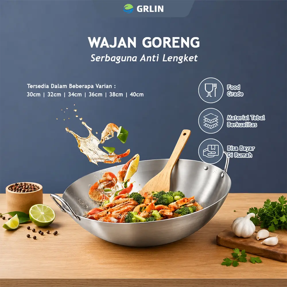 (READY STOCK) GRLIN Wajan Penggorengan Stainless Steel Anti Lengket Kuali Premium Dengan Pegangan Stainless Wajan Stainless Steel Tebal