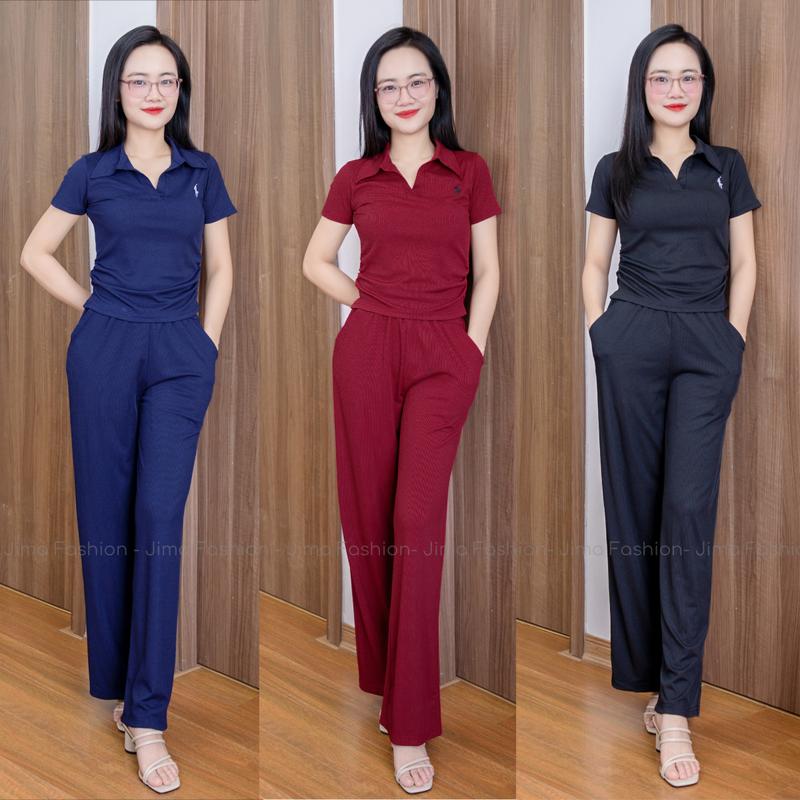 Bộ Đồ Thun Cho Nữ Áo Nhún Eo Cổ Bẻ Kèm Quần Suông Dài Mix Ngựa - Jima 144-2 - set đồ nữ đẹp, set bộ nữ mặc đi chơi, set đồ nữ xinh sang chảnh