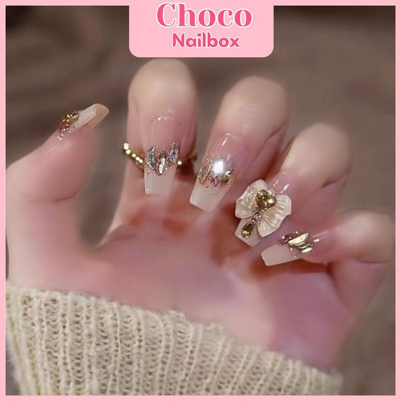 BY1031 CHOCO NAIL Mẫu Nailbox 24 Móng Form Vuông Dài Đính Charm Hoa Sang Chảnh Tặng Kèm Phụ Kiện Gắn