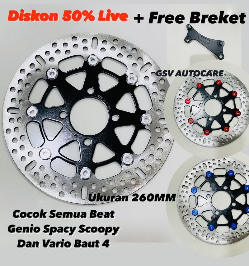 Product Introduction of [ Disc 260MM Bonus Breket ] Disc Depan Honda Matic 4 Baut Piringan Cakram Scoopy Beat Genio Spacy Vario 4 Lubang Ukuran 260MM Type Bulat & Bunga Motor Matic GSV AUTOCARE 1