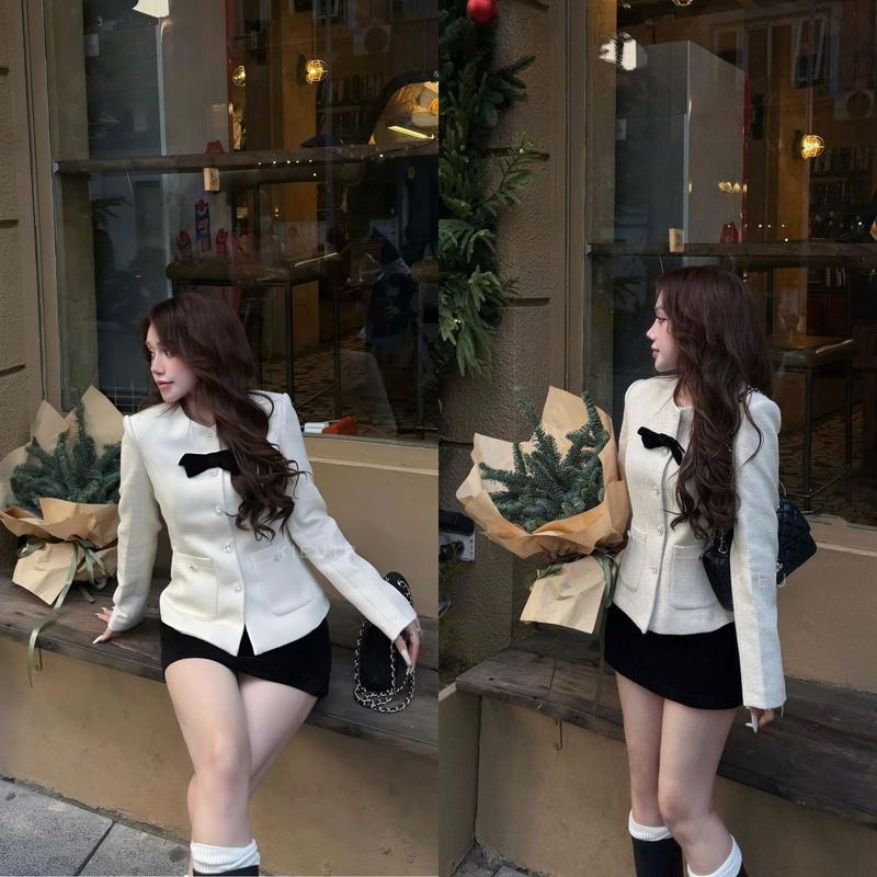 Set 2 Món Áo Dạ Chân Váy Nhung Basic Sang Trọng Phối Nơ Nhung Tinh Tế Cho Phái Đẹp