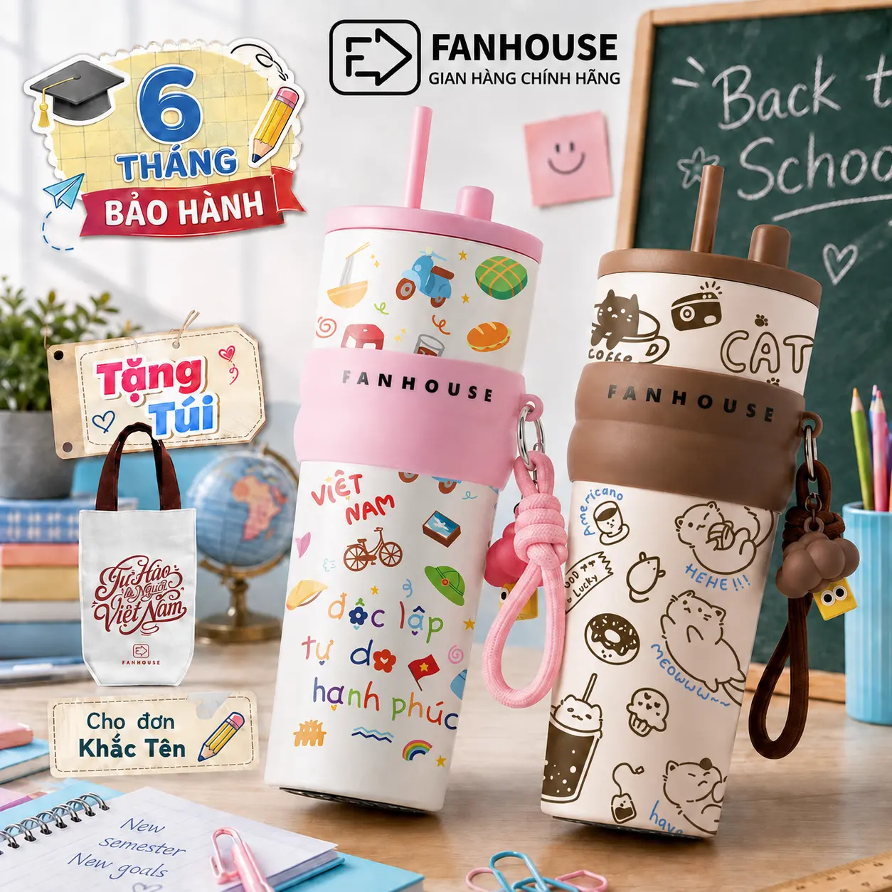 [Tặng Túi Canvas Khi Khắc Tên] Ly giữ nhiệt Candy inox 316 cao cấp, bình giữ nhiệt 710ml có ống hút Fan House khắc tên theo yêu cầu