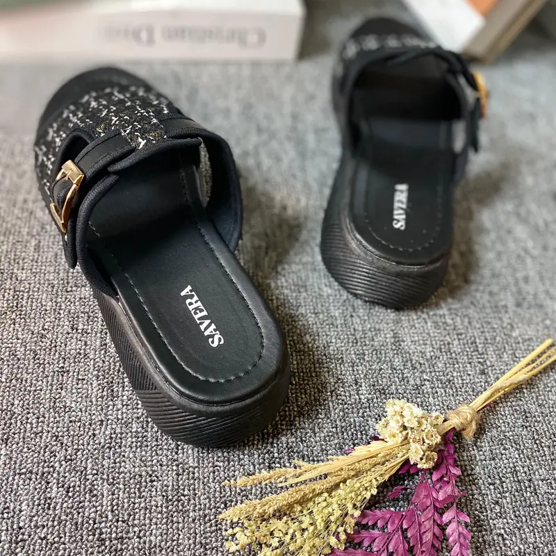 Savera Sandal Slop Wanita Rajut Sendal Wedges Hak Tinggi 3 Cm Perempuan Terbaru Cewek Kekinian Selop 4