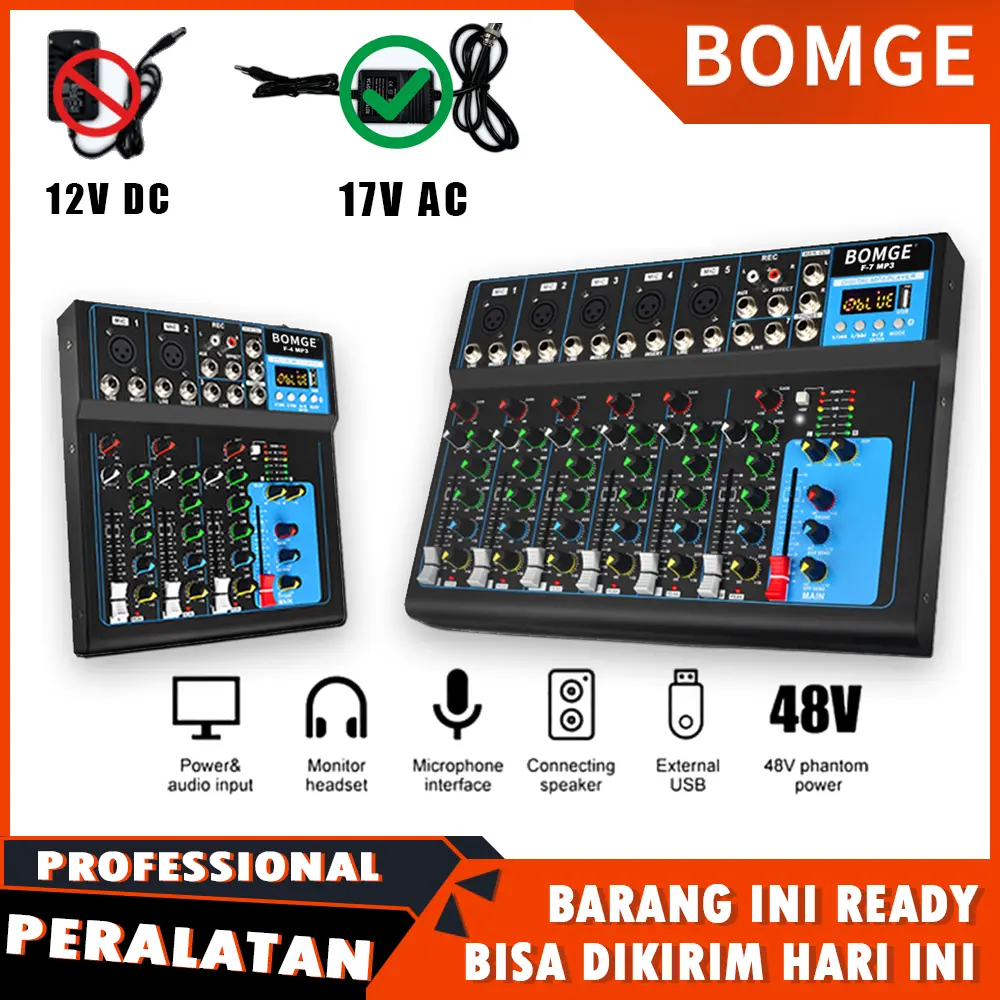 BOMGE F7 Bluetooth Portable Audio Mixer w/USB DJ Sound Mixing Console MP3 Jack 48V Power for Computer Recording, 7-Channel Bands Mixing Boards For Studio Recording