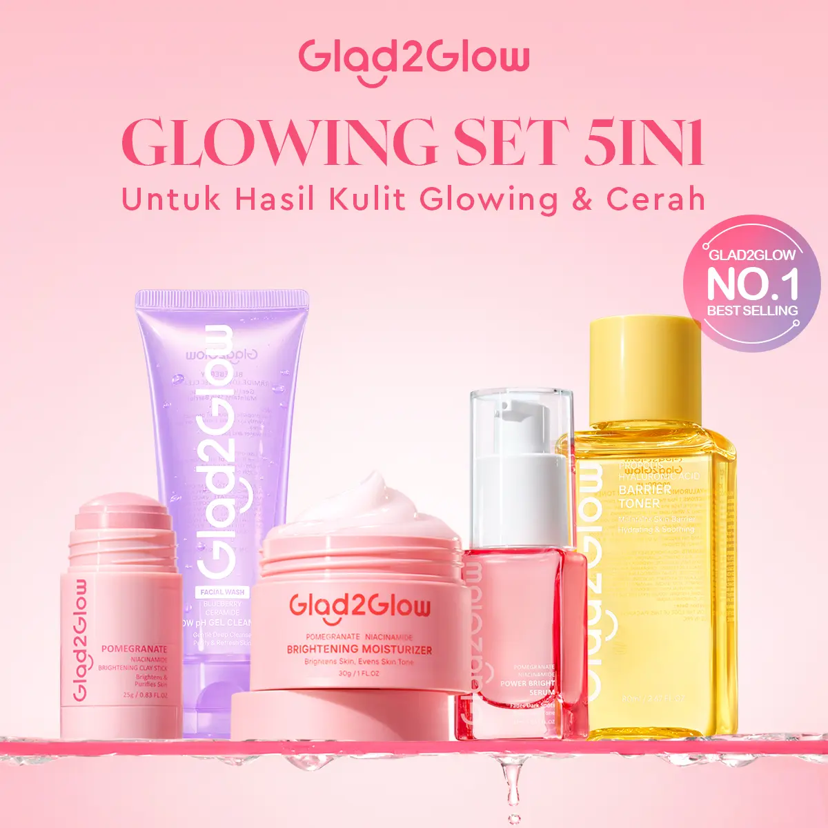 [New] Glad2Glow Glowing bundle all in 1 - 2/3/4/5 PCS Skincare Paket-Brightening toner+Brightening Moisturizer+Cleanser+Brightening Serum Pomegranate Niacinamide Extract Hitam Mencerahkan Wajah Mencerahkan Melembabkan Kulit skin skincare G2G