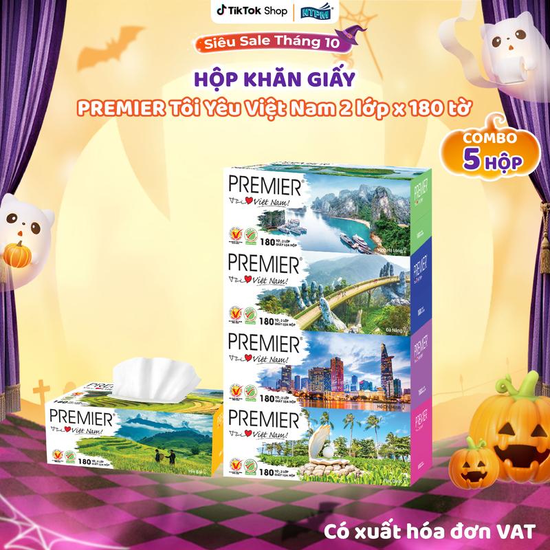 Khăn giấy lụa đa năng PREMIER Tôi Yêu Việt Nam, 2 lớp – 100% bột giấy nguyên sinh, không chất tẩy, 180 tờ/hộp
