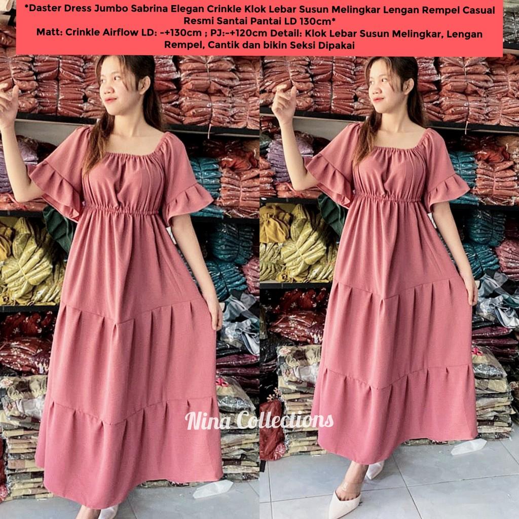 Daster Dress Jumbo Sabrina Elegan Crinkle Klok Lebar Susun Melingkar Lengan Rempel Casual Resmi Santai Pantai LD 130cm Trend