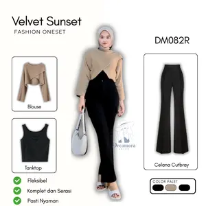 SET CARAMEL ONE SET ( Blouse Silang + Celana Cutbray + Tangtop Tanktop + Kacamata ) Outfit DM082R Baju Panjang Scuba Setelan Tebal Lembut Wanita Cream Hitam Casual Atasan Basic Kerja Stretch Soft Formal