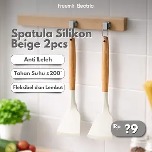 [SALE] freemir Spatula Silikon Beige Anti Leleh Tahan Suhu Panas Sutil Kayu Anti-Selip Kitchenware Multifungsi
