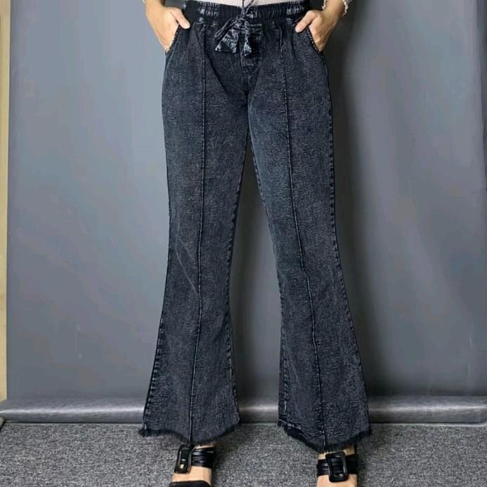 Celana Cutbray Wanita Jeans Model Highwaist Kekinian Bawahan Cewek Casual Pinggang Karet Panjang Nyaman Hitam Dewasa Denim 1