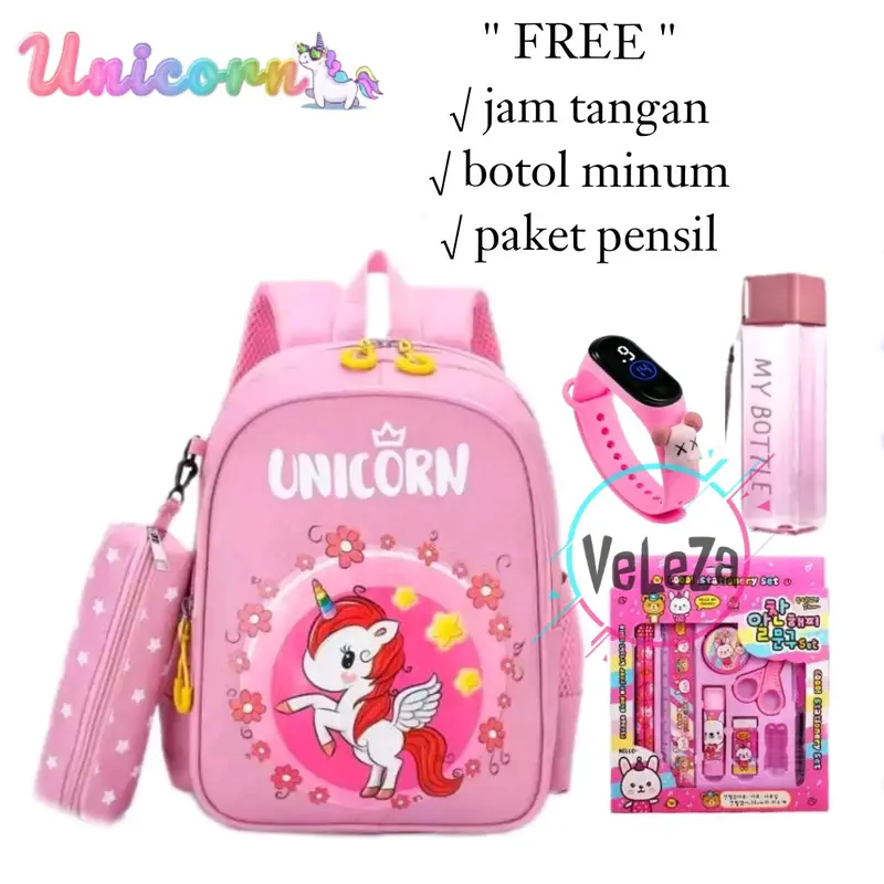 Tas ransel anak perempuan motif unicorn gratis botol minum jam tangan paket pensil tas sekolah anak SD tas ransel 0