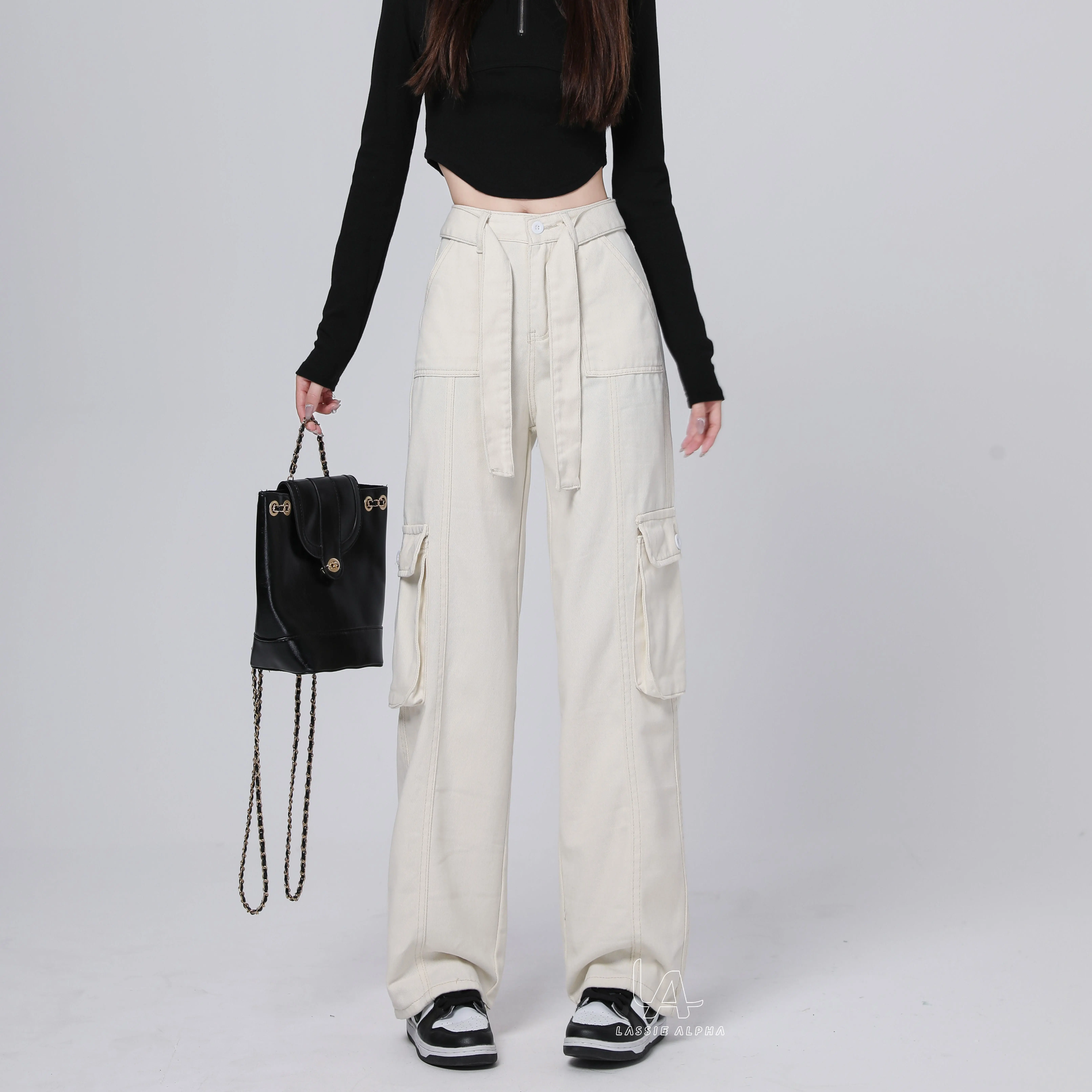 Lassie alpha J70 celana cargo jeans wanita HW Celana panjang boyfriend jeans kulot celana kargo wanita high waist jeans lurus Celana panjang Banyak saku Jeans kasual jeans longgar celana panjang Nyaman Kantong