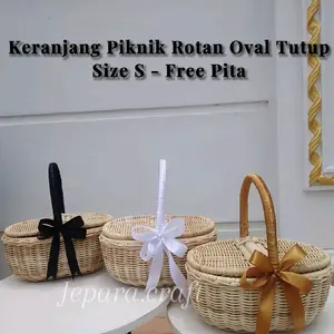 Keranjang Piknik Oval Tutup size S free Pita