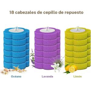 Un kit de cepillos para limpiar el inodoro con cabezales desechables y reemplazables, que incluye 6 u 18 cabezales.