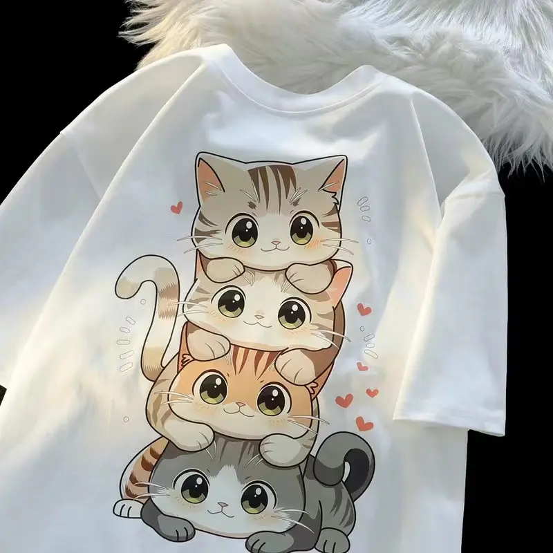 Women's Top, Korean Style, Large and Loose, Short Sleeve T-shirt, Animal Cartoon Pattern, Harajuku Style, Round Neck, Simple and Fashionable, Multi-use Shirt, Suitable for Men and Women