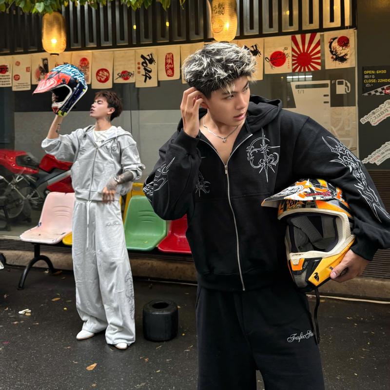  Áo khoác zip  Quần dài ống cong  set bộ nỉ cua Ink Style Streetwear chất dày dáng BOXY Fafic Studio hoạ tiết Tattoo Unisex dành cho nam nữ 