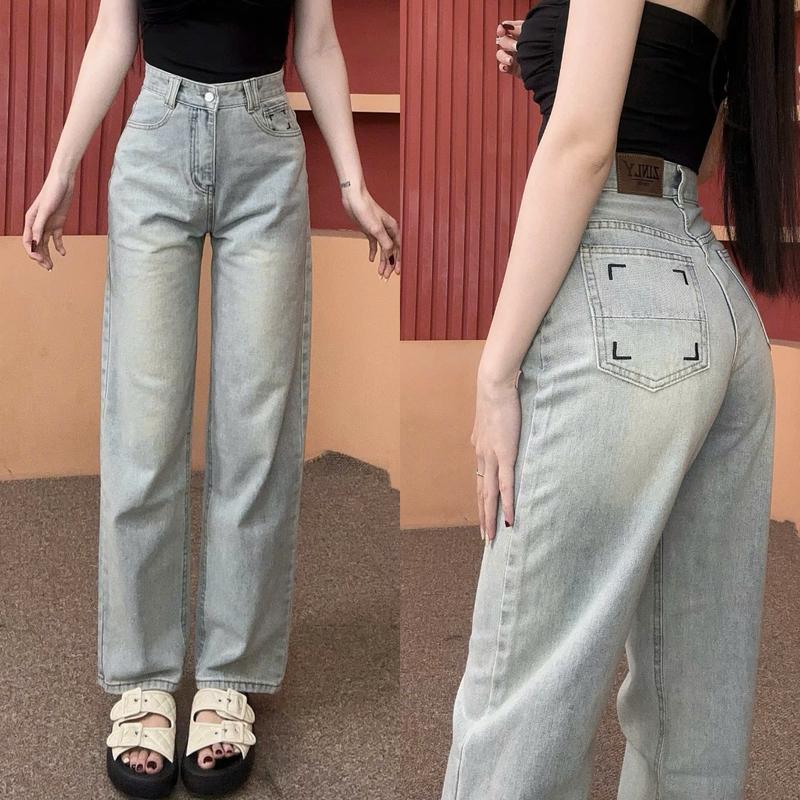 [ZINLY SHOP] Quần Jean Nữ Ống Suông Có Fom Ngắn 95Cm Lưng Cạp Cao Túi Thêu Đơn Giản Vải Cotton Mềm Mát Không Co Giãn Q421