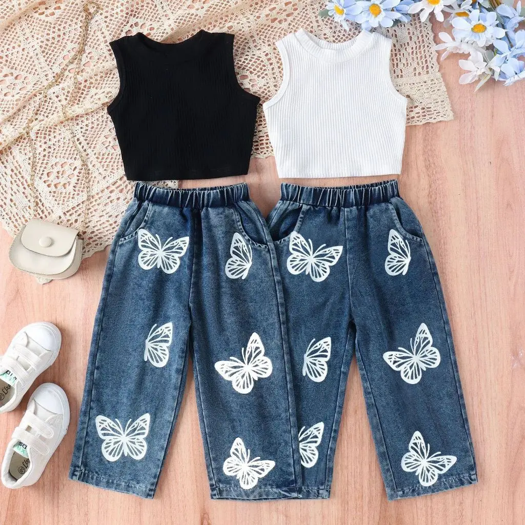 Setelan Anak Perempuan Baju Singlet dan Celana Panjang Jeans
