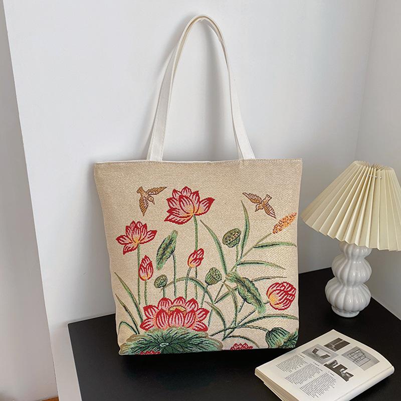 Túi Tote vải đeo vai dung tích lớn thêu hai mặt có khoá kéo túi đi chơi túi đựng đồ du lịch cỡ lớn cho nữ TT405