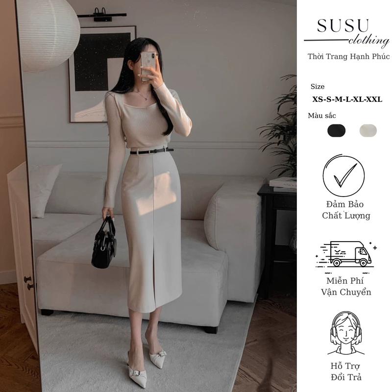 Chân Váy Susu clothing Dáng Suông Công Sở Dài Qua Gối Có Lót Có Túi Suông Xẻ Giữa Dài 80cm kèm đai nữ CV1