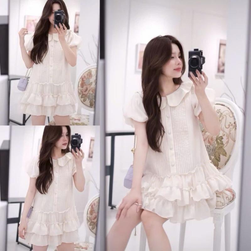 Váy Tơ Tiểu Thư Babydol Dáng Xuông Cổ Sen Ống Tay Bồng Mix Dập Ly Phối Gấu Bèo Dễn Thương