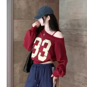 Atasan Sweater 33 Cropped Top / Sweater cetak digital Amerika / atasan bungkuk untuk wanita / sweater pendek longgar