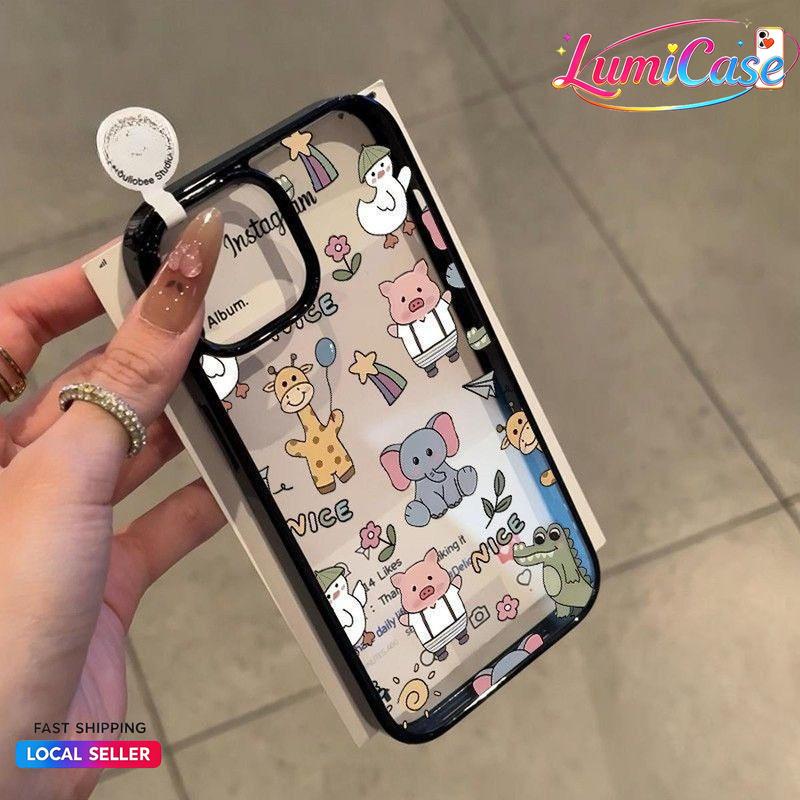 Ốp lưng trong suốt viền đen hình động vật hoạt hình dễ thương chống va đập cho iPhone11 18 17 16 15
