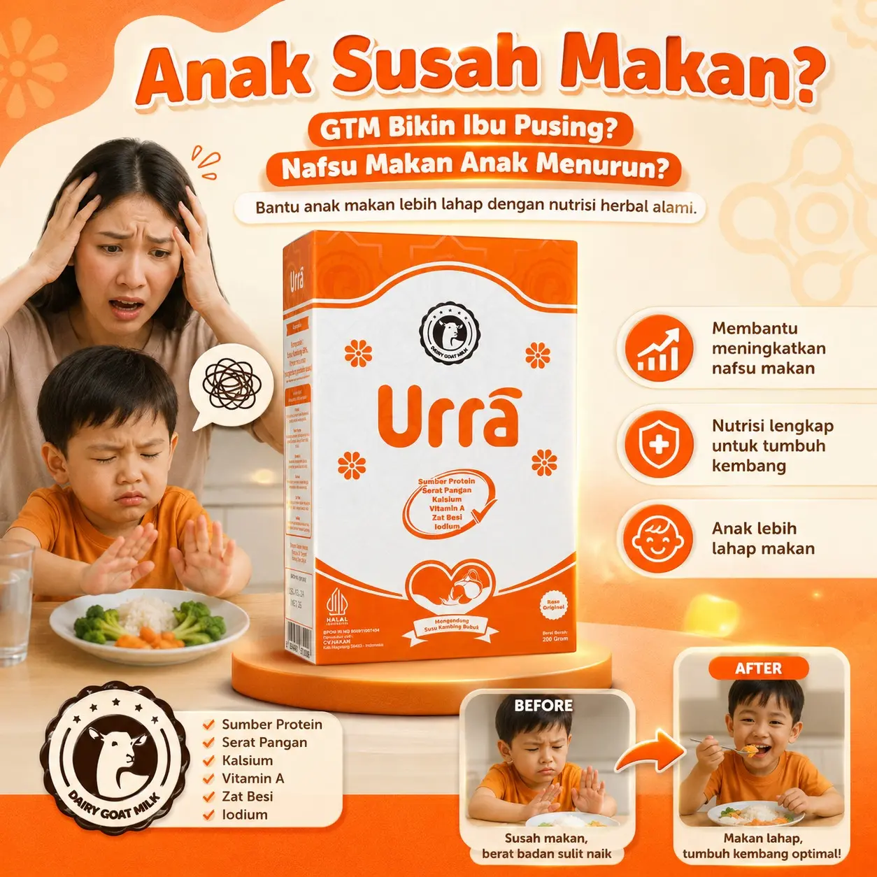 URRA Susu Kambing Saanen Premium 200g Minuman Dairy Milk Bubuk Etawa Rendah Kasein Tinggi Kalsium Halal MUI BPOM RI Tanpa Gula Aman untuk Anak dan Dewasa