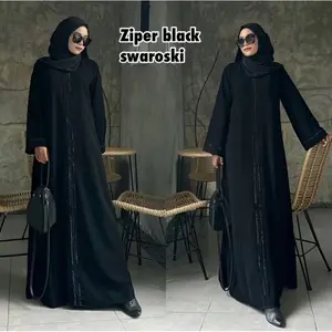 Abaya Zipper Outer Dubai Hitam Pekat Jetblack Saudi Polos Muslim Wanita Syari Dress Maxi Turki Arab Basic Remaja Bordir dengan Mata Mata Swaroski Mewah dan Elegan