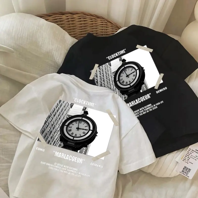 MMX STORE |T5116| Korea Kaus Musim Panas Anak-anak Lucu Kaus Katun Trendi Katun Cetak Kartun Longgar Kasual Leher Bulat Hitam dan Putih Lengan Pendek Anak-anak untuk Anak Laki-laki dan Perempuan 3