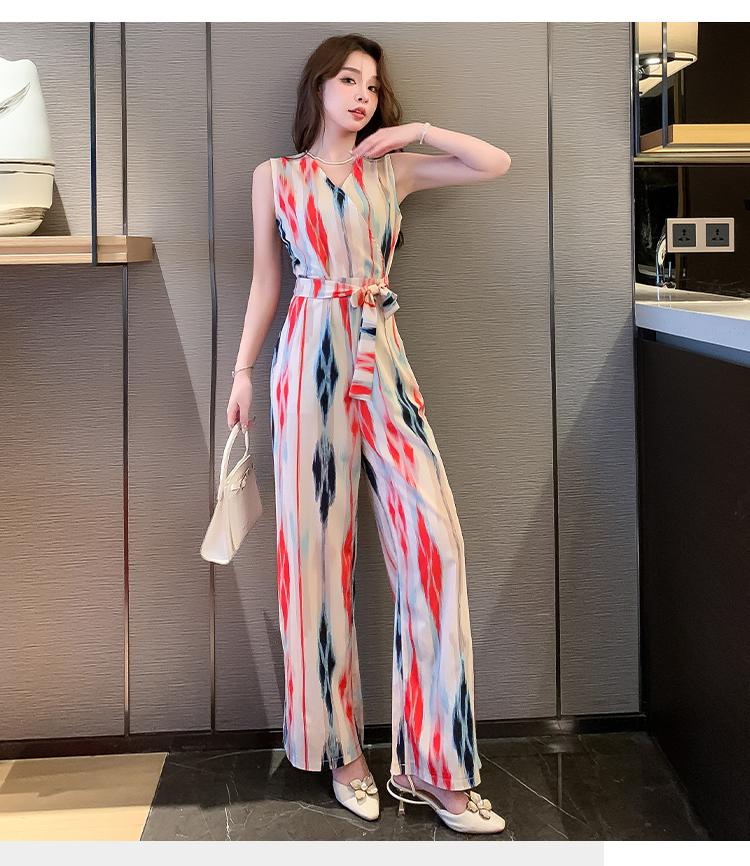 Product Introduction of Áo Jumpsuit Quần Đi Kỳ Nghỉ Và Văn Phòng, Hàng Mới Về, Phong Cách Hàn Quốc, Thời Trang, Thanh Lịch, Vải Voan In Hình, Không Tay, Cạp Cao, Mỏng Vừa Vặn, Có Thắt Lưng, Quần Ống Rộng, Bộ Nữ, Hợp Xu hướng, Thích Hợp Cho Mùa Hè Voi Kem set a 12
