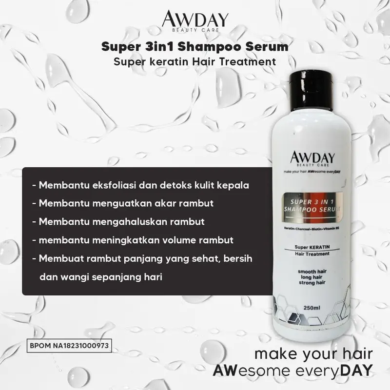 [FYC] AWDAY PAKET SUPER 3IN1 SHAMPO CHARCOAL KERATIN 250ml + ALL IN 1 HAIRCREAM 100ml 2