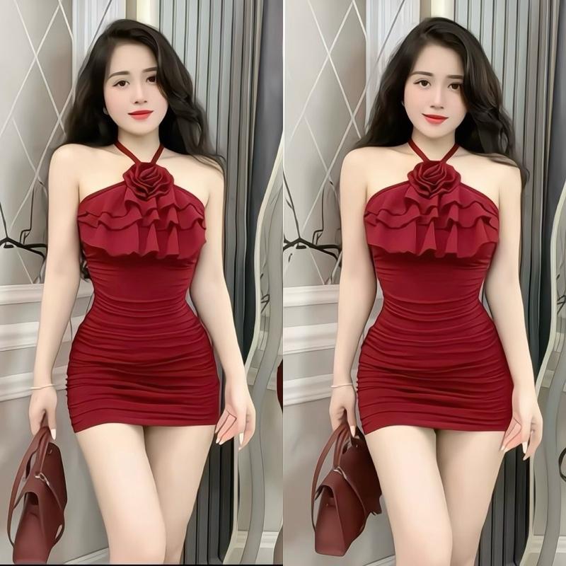 B43 - Đầm Body Dây Cột Cổ Yếm Phối Bèo Hoa Voan Tơ Dáng Ngắn Nhún Eo
