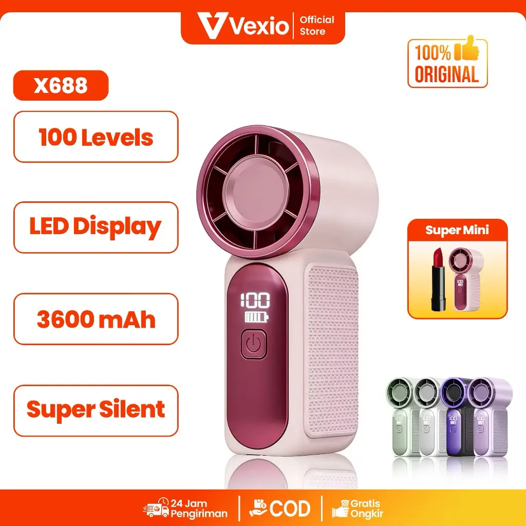VEXIO Kipas Angin Portable Mini High Speed Handheld Fan 3600mAh 100 Level Speed dengan LED Display Pintar Type-C Fast Charging 1 Jam Motor 20.000 RPM Airflow Kuat 10m/s Bilah Turbin 5 Lapis Desain Compact 124mm Ringan 112g X688