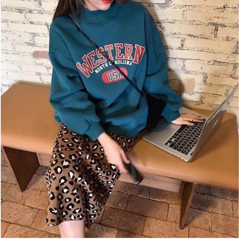 Western Sweater Crewneck Bahan Fleece Sweatshirt Wanita Panjang 1