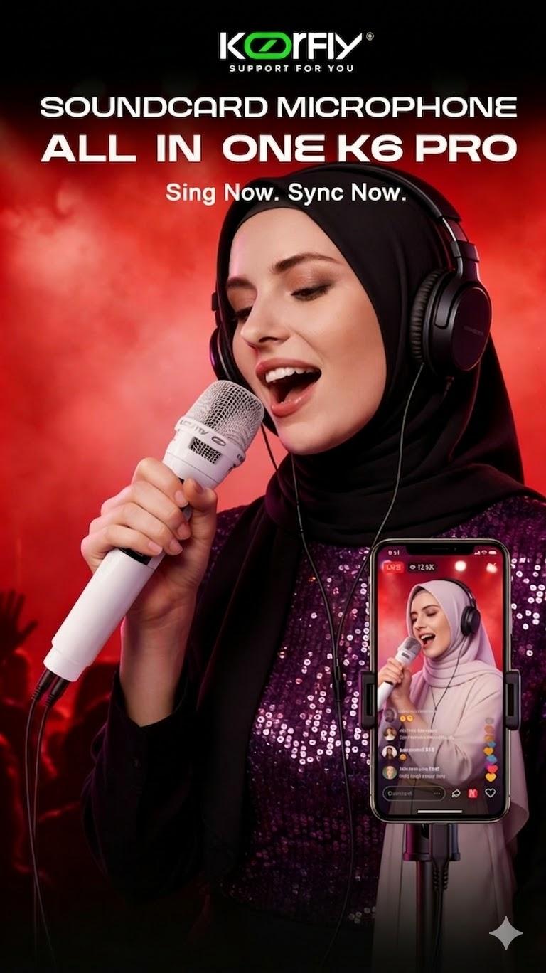 Koorfly K6 Pro Mikrofon Karaoke All-in-OneSoundcard Bluetooth dengan Reverb, Mic SuaraJernih untuk TikTok Live Streaming, YouTube &Karaoke
