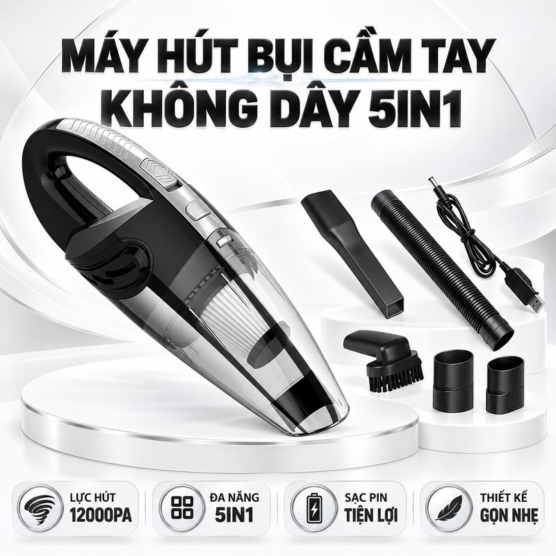 Máy Hút Bụi Cầm Tay Không Dây 5IN1, Lực Hút 12000PA, Công Suất 120W, Hút Khô & Ướt, Nhẹ, Dùng Cho Ô Tô & Gia Đình