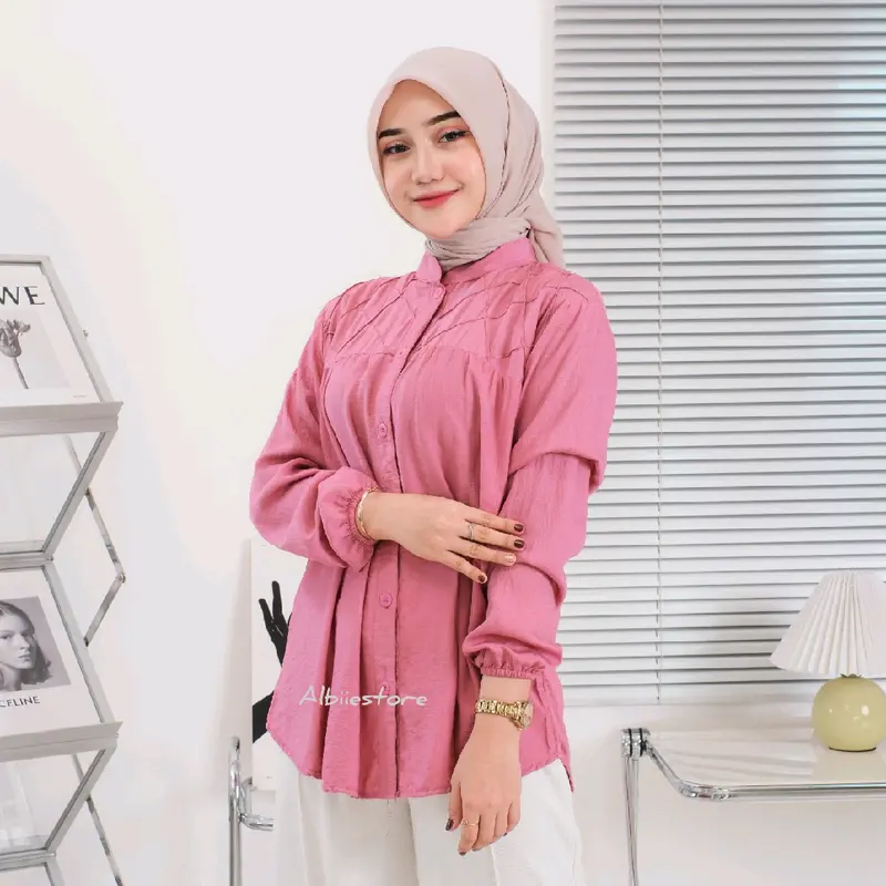 Kemeja Wanita LAURA Lengan Panjang Bahan Pololinen Baju Atasan Cewek Variasi Kancing Belakang 6