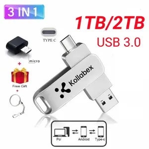 Kollabex TYPE-C Flashdisk 3IN1 USB 3.0 Kecepatan Tinggi, Driver Flash Logam Silver 1tb 2tb, USB Flash Drive Storage Komputer Otg Penyimpanan