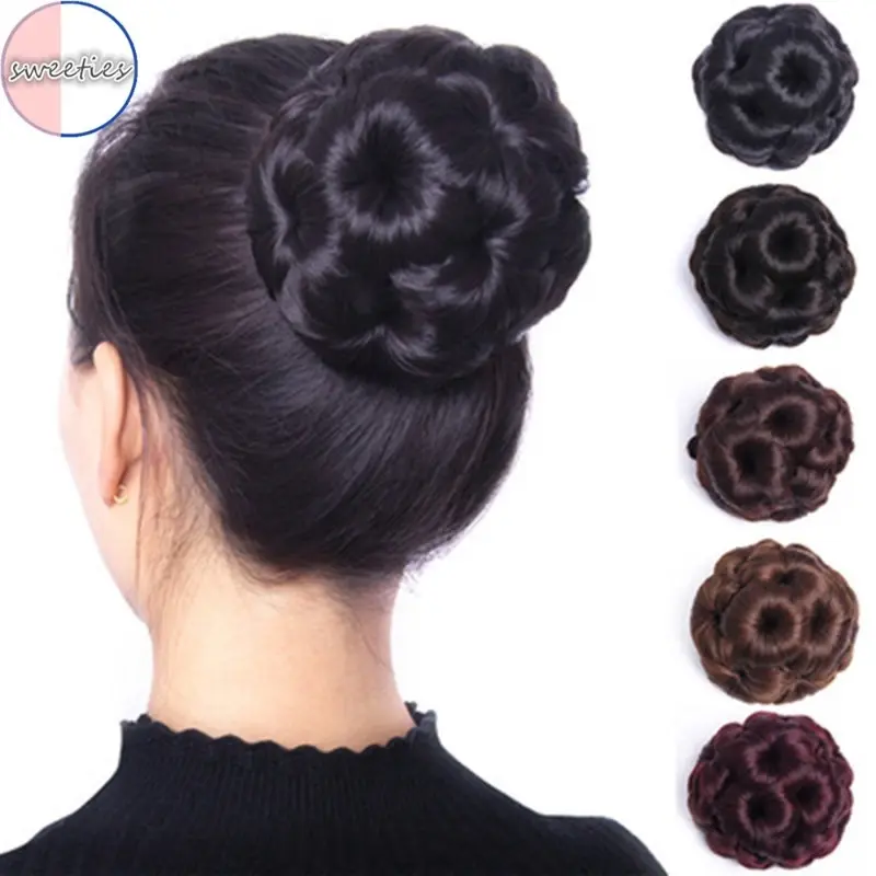 Rambut Palsu Ekor Kuda Gebu Kerinting Pendek Alamiah Simulasi, Klip Sanggul Bunga, Cengkaman Bunga, Potongan Rambut Sanggul Pengantin, 1PC