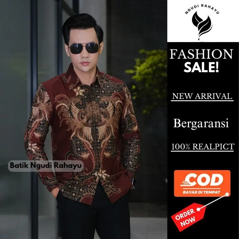 Batik Ngudi Rahayu Terbaru Kemeja baju batik pria lengan panjang slim slimfit kain katun premium warna burgundy mahogany Formal Seragam Nyaman Merah Hitam Motif