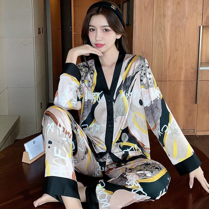Ice Silk Pajamas Women's Spring Autumn New Satin Chiffon Set Sleepwear ...